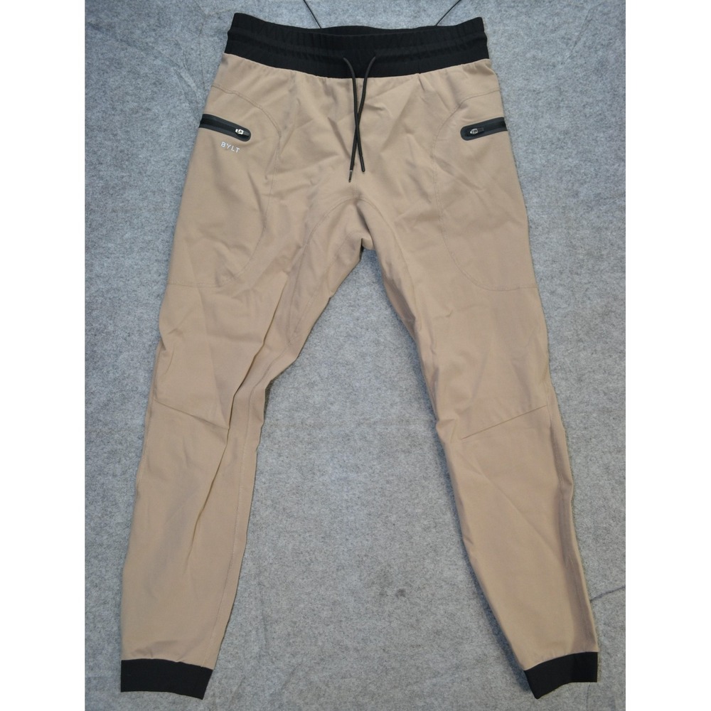 BYLT Premium Jogger Pants Mens XL Khaki Tan Zip Pocket Drawstring Tapered‎ Cuff